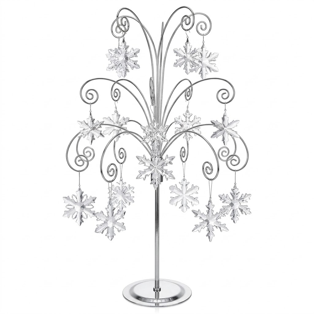 HOHIYA 20 Inch Tabletop Ornament Display Tree Metal Christmas Tree Stand for Desk & Mantel Small Jewelry Tower with Hooks Perfect Holiday Gift Chrome Silver